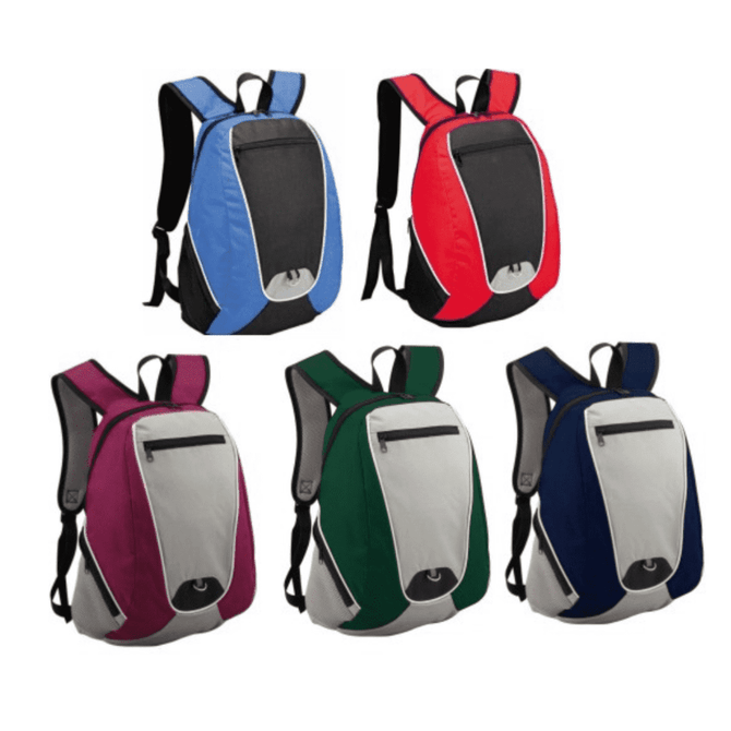 A collection of five backpacks in blue, red, pink, green, and navy, featuring a grey front panel and logo.