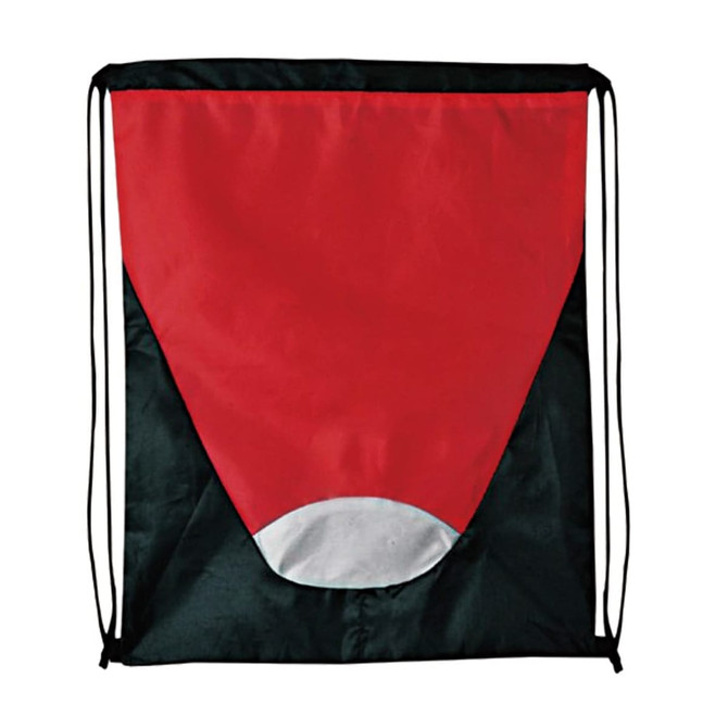 A drawstring bag featuring a red and black design with a white accent at the bottom. It has black cords for carrying.