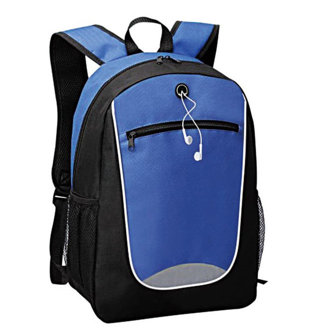 A backpack featuring a blue front panel and black sides, with a headphone port and mesh side pockets.