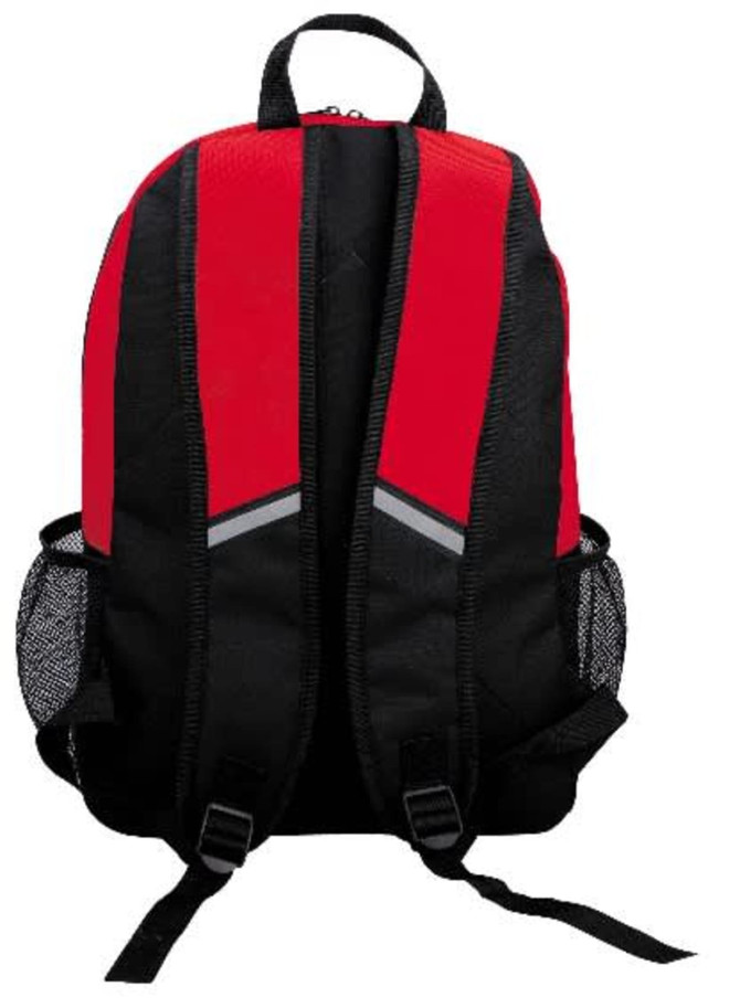 A backpack featuring a red and black design, with padded straps and mesh side pockets. It includes a logo.
