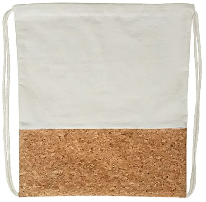 A drawstring bag featuring a white fabric top and a cork bottom. It has thin white cords for closure and carrying.
