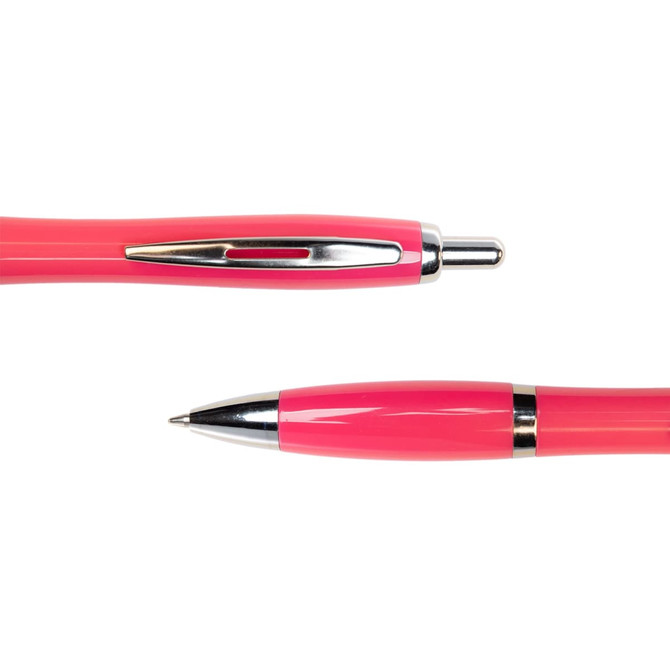 A pink metal pen with a silver clip and tip, showcasing its sleek design from different angles.