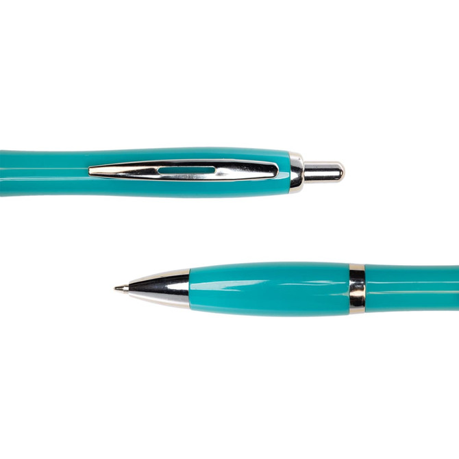 A metal pen in a vibrant turquoise color with a shiny silver clip and tip. It features a sleek design.
