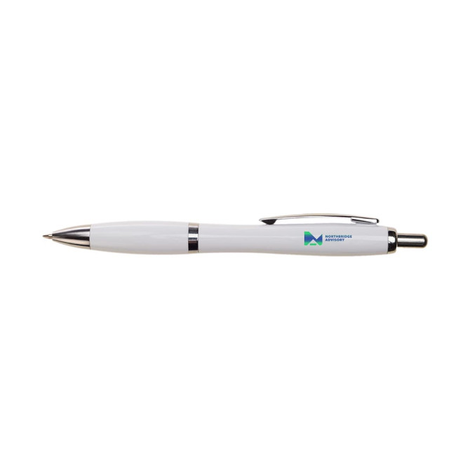 A white plastic pen with silver accents and a logo on the body.