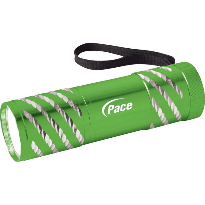 A green flashlight with a textured design and a wrist strap, featuring a logo on its side.