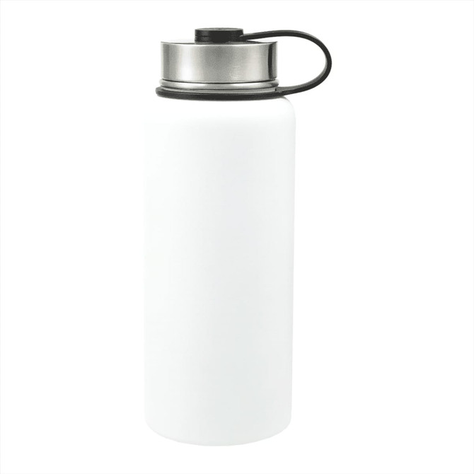 A drink bottle in white with a stainless steel lid and a black handle, part of a 3-in-1 vacuum bottle kit.