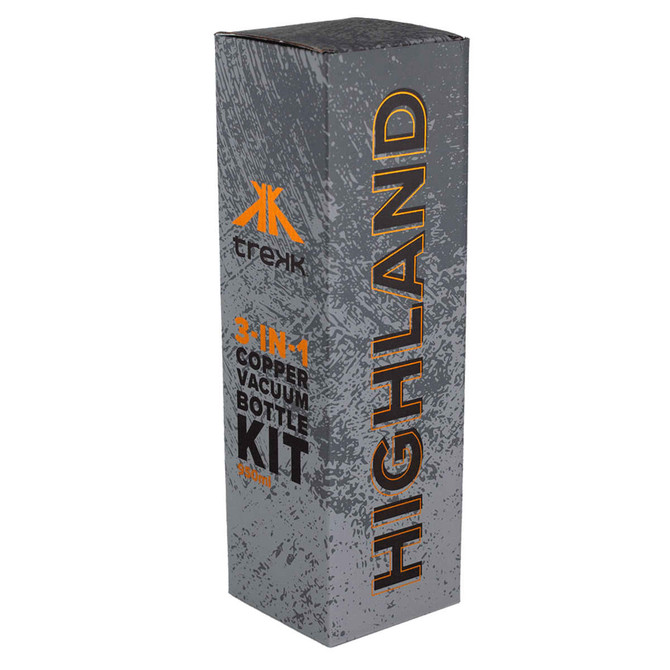 A drink bottle kit with a copper vacuum design in a grey packaging, featuring a logo.