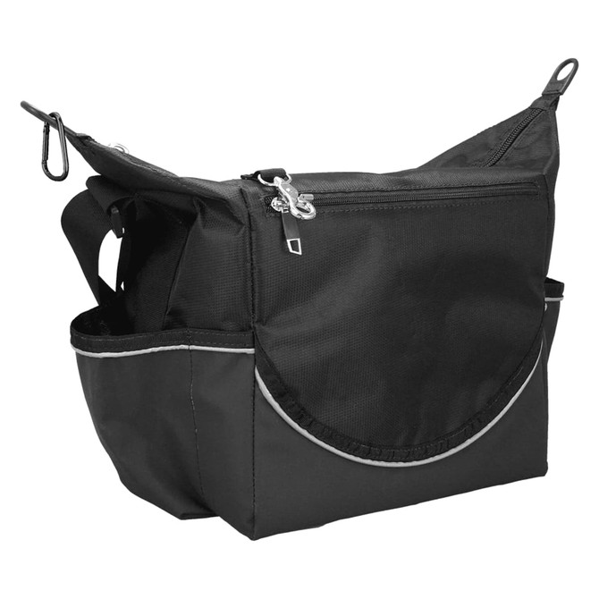 A black cooler bag with multiple compartments and a logo, featuring a shoulder strap and zip closure.