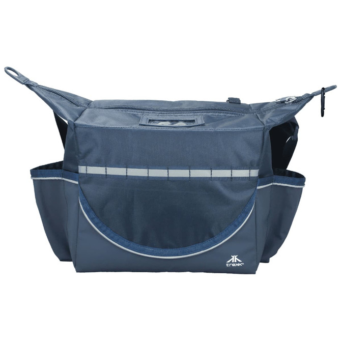 A cooler bag with a navy blue design, featuring multiple pockets and a branded logo.