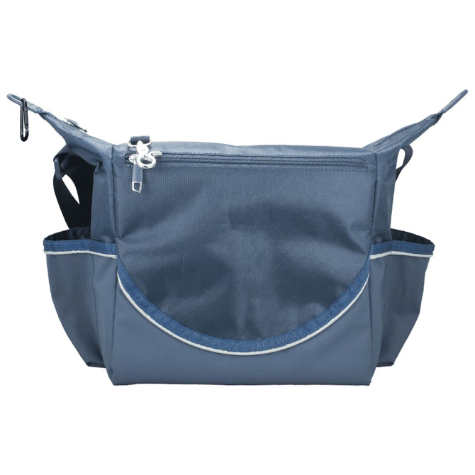 A blue cooler bag with multiple pockets and a zipper, featuring a logo on the front.