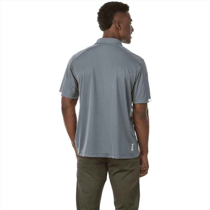 A short sleeve men's polo shirt in a grey colour with a logo on the back.