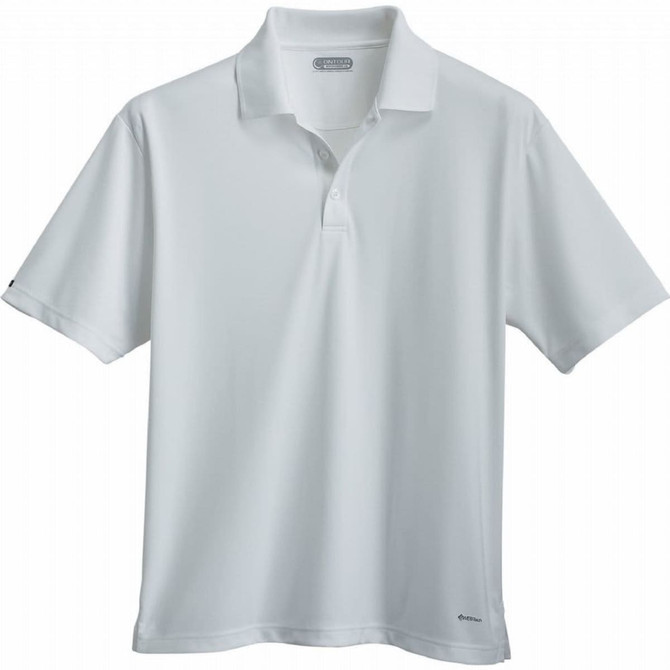 A white short sleeve polo shirt for men, featuring a buttoned placket and a logo on the side.