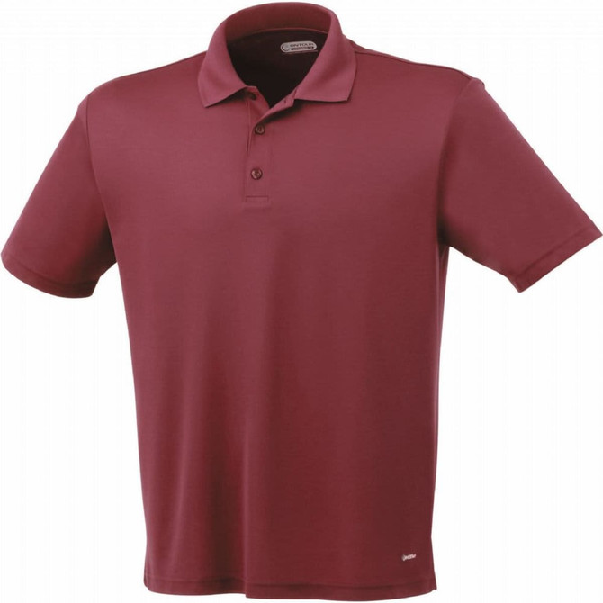 A maroon short sleeve polo shirt with a collar and three buttons, featuring a logo on the hem.