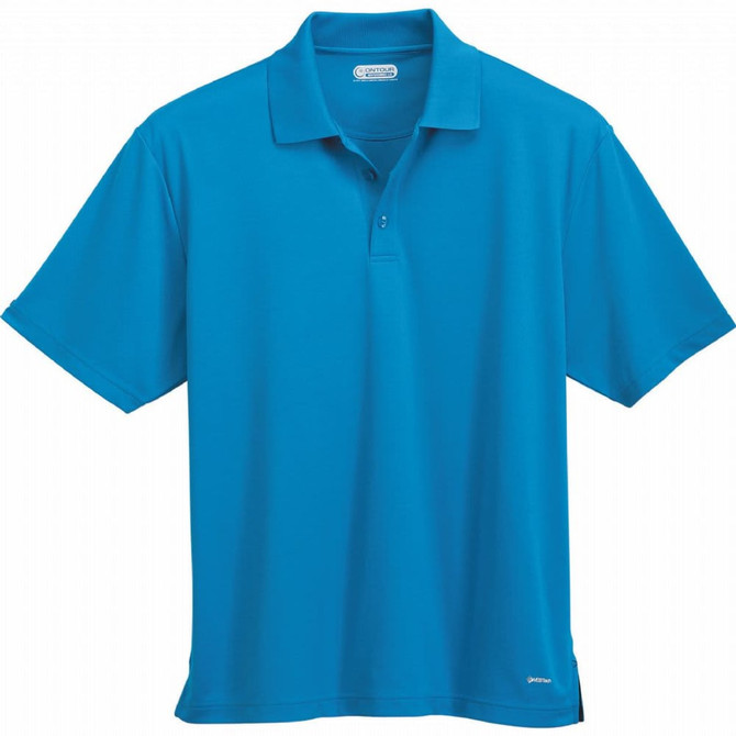 A bright blue men's short sleeve polo shirt with a collar, featuring a logo.