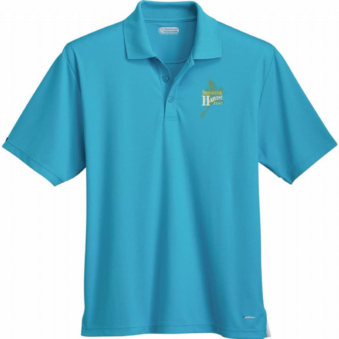 Turquoise men's polo shirt with a collar, three buttons, and a logo on the chest.