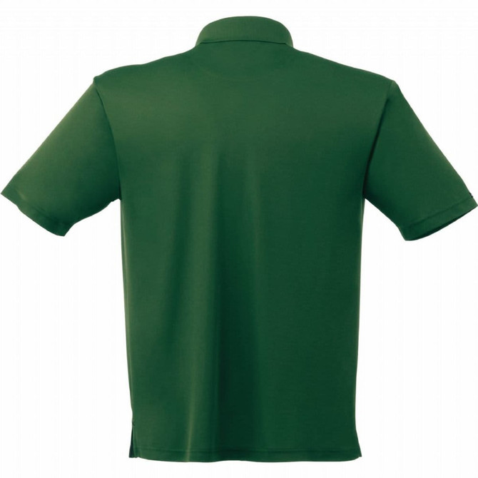 A green men's polo shirt with short sleeves and a collar, featuring a logo on the chest.