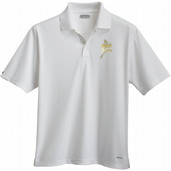 White short sleeve polo shirt featuring a logo on the chest. Designed for men.
