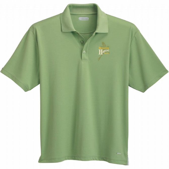 A green short sleeve polo shirt featuring a logo on the left chest area.