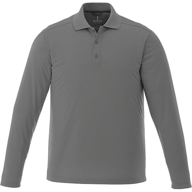 A grey long sleeve polo shirt with a collar and three buttons, featuring a logo on the chest.