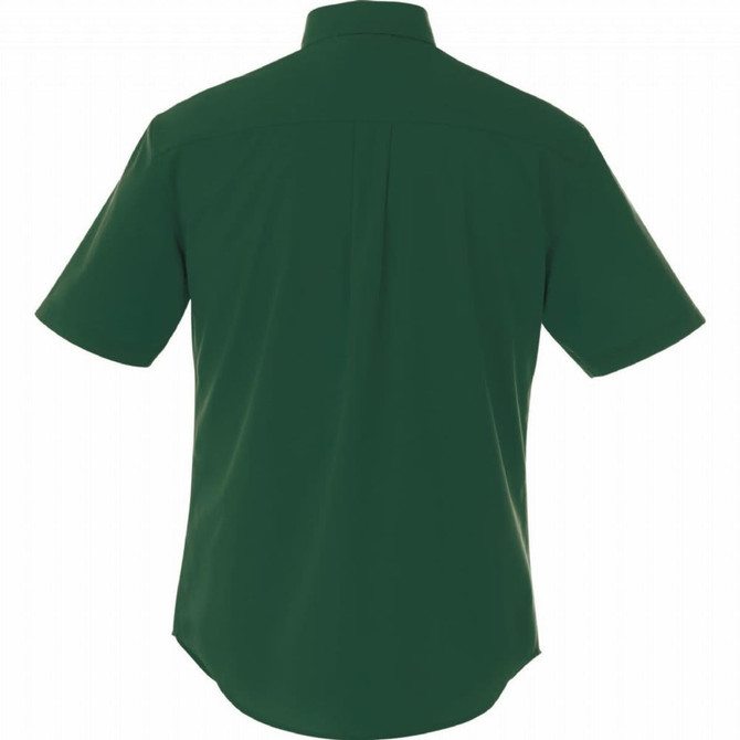 A short sleeve men's button-up shirt in a dark green colour, featuring a simple design and a logo.