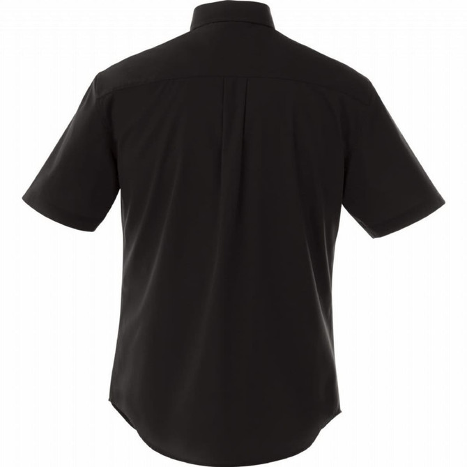A black short sleeve button-up shirt for men, featuring a classic collar and back yoke design.
