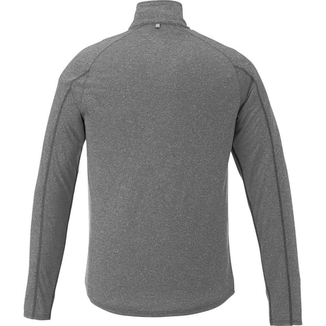 A grey men's quarter zip jumper with a sleek, minimalist design and a logo on the back.