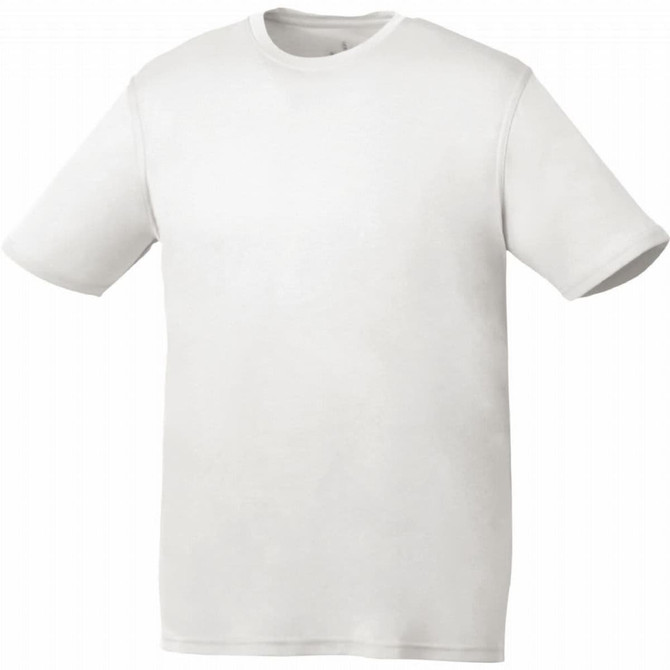 A white short-sleeve tech tee for men, featuring a simple design and a logo on the label.
