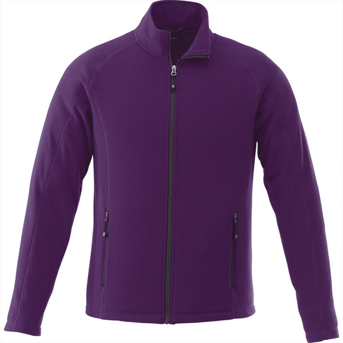 A purple polar fleece jacket with a zip front and two side pockets. It features a branding logo.
