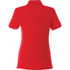 A red women's short sleeve polo shirt featuring a collar and a logo on the back.