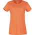 An orange short sleeve women's tee with a fitted design and a round neckline, featuring a branding logo.