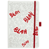 A bound journal with a white cover featuring red accents and text designs, including a logo.