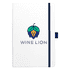 A white bound journal with a coloured logo featuring a lion and leaf design, secured with a blue elastic band.