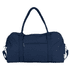 A navy blue duffel bag with dual handles, adjustable shoulder strap, and a front zipper pocket. It features a logo.