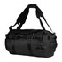 A sturdy black duffel bag with adjustable straps and a branding logo, designed for outdoor use.