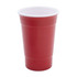 A drink cup with a red exterior and white interior, featuring a logo on its surface.
