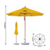 A yellow wind-resistant octagon outdoor umbrella with a wooden pole and granite base, featuring a logo.