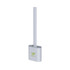 A silicone toilet brush in white, featuring a minimalist design and a holder, with a logo on the base.