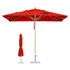 A red, wind-resistant square outdoor umbrella with a wooden pole and a base, alongside a folded version.