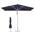 A navy blue outdoor umbrella with a wooden pole and a concrete base, featuring a logo.