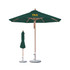 A green octagon outdoor umbrella with a wooden frame and a stone base, featuring a logo on the canopy.