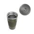 A stainless steel travel coffee mug in olive green with a ribbed silicone grip and a metal lid.