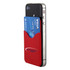 A red phone wallet attached to a smartphone, holding a debit card with a logo.
