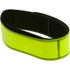 A reflective wristband in bright yellow with a black interior, featuring a logo or branding.