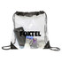 A transparent drawstring bag in black, featuring various items inside and a prominent logo.