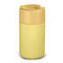 A drink bottle in a light yellow colour with a matching lid. The bottle has a logo.