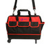A wheeled tool bag in black and red with multiple external pockets and a logo on the front.