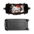 A wheeled tool bag in black and red, filled with various tools including wrenches, a drill, and other equipment.