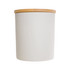 A medium-sized white glass candle with a wooden lid, featuring a sleek and modern design.