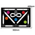 A football training mat in black featuring colourful markings and geometric designs, measuring 900mm x 600mm.