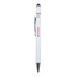 A metal pen in white with a textured grip, featuring a stylus tip and a logo.